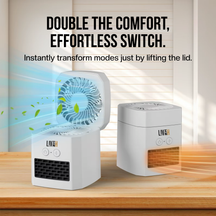 Two LivinH portable 2 in 1 heater and fan on a wooden surface with text about their features.