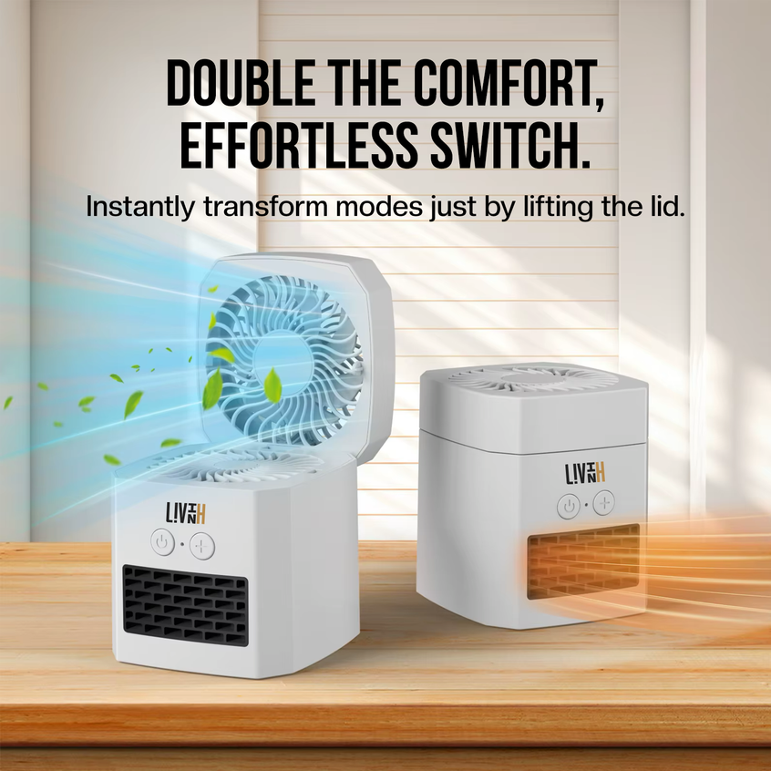 Two LivinH portable 2 in 1 heater and fan on a wooden surface with text about their features.