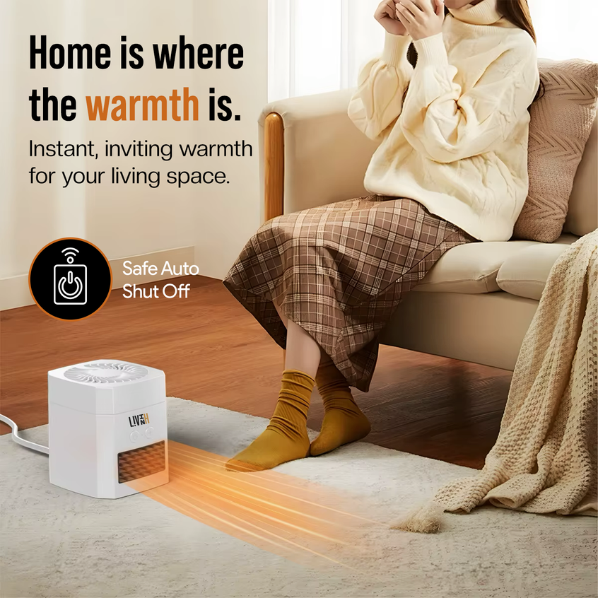 Woman sitting on a couch with LivinH Air Switch Pro, promoting warmth and comfort.