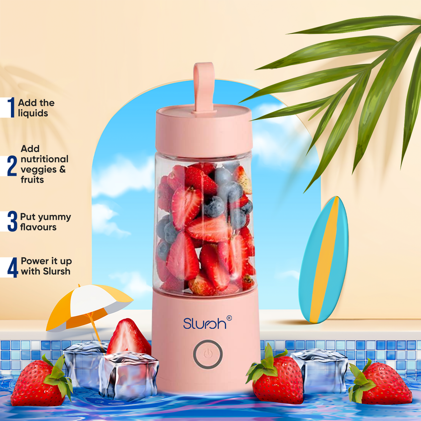 Pink Slursh Bolt 350 ML portable blender with fruits and ice cubes on a beach-themed background