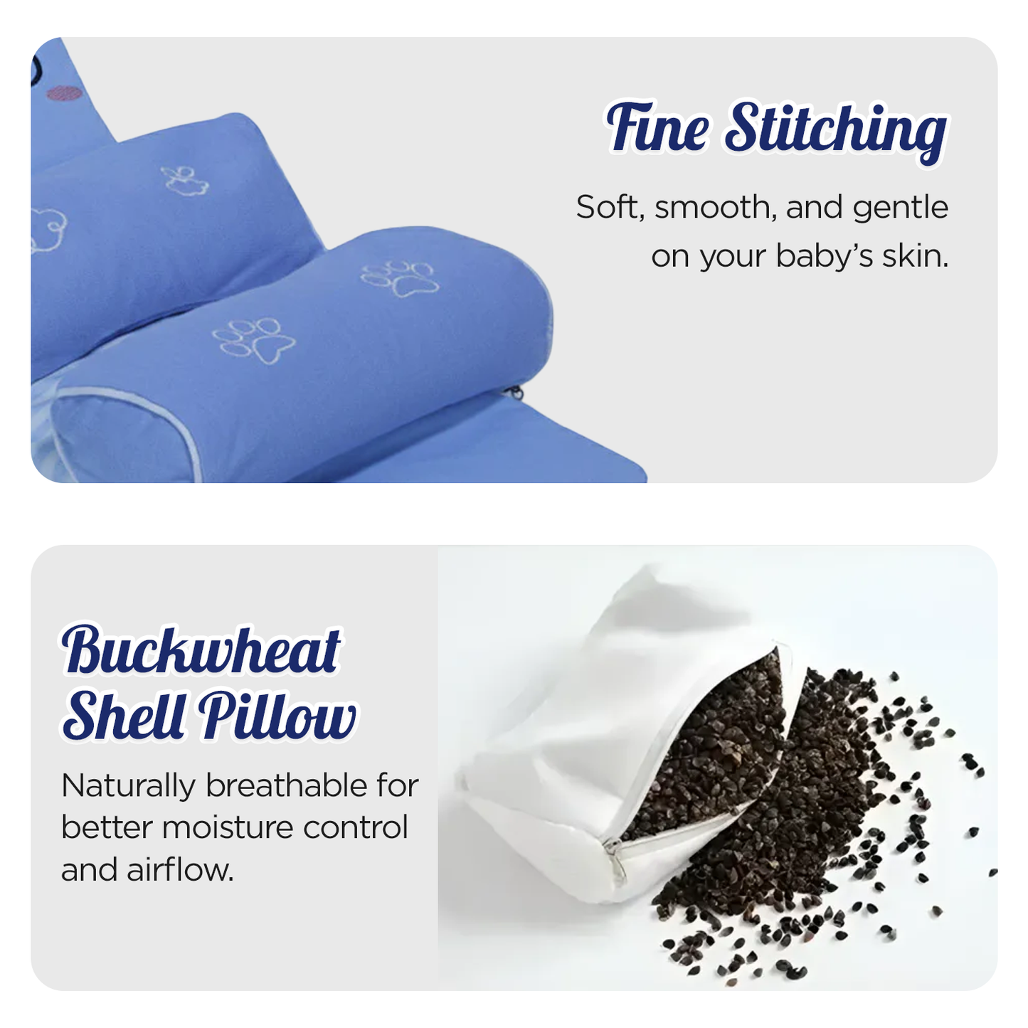 Buckwheat shell baby head support pillow with blue cover and text highlighting features