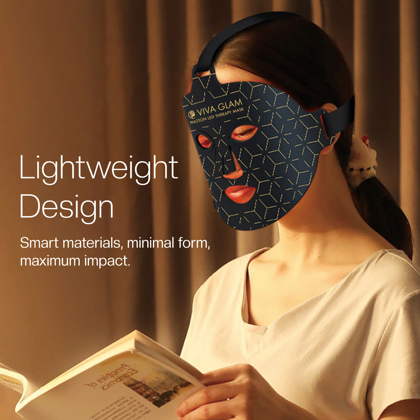 Woman wearing Viva Glam light therapy mask with text about its lightweight design.