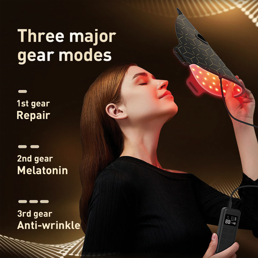 A woman using a Viva Glam LED light face mask on her face with text indicating three gear modes for repair, melatonin, and anti-wrinkle, and light technology.