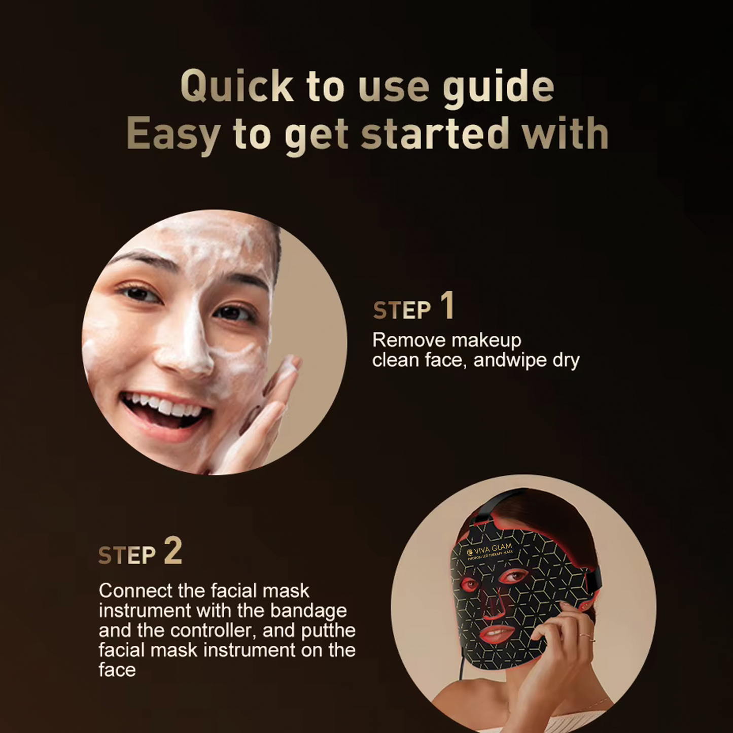 Viva Glam LED face mask usage guide with step-by-step instructions on a dark background