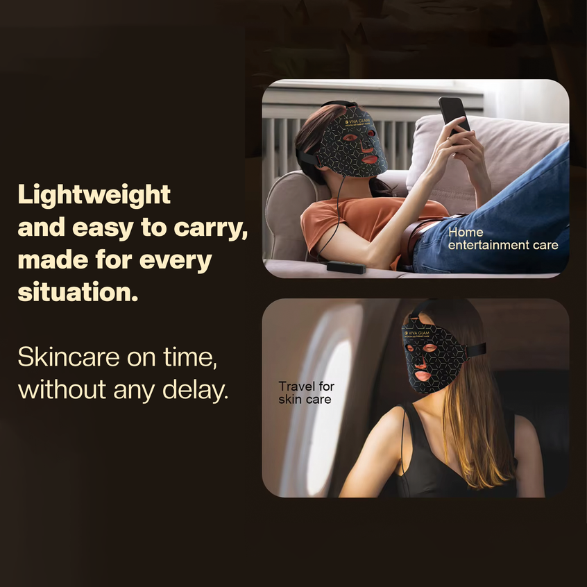 Women using Viva Glam LED light face therapy mask with text about its portability and convenience.