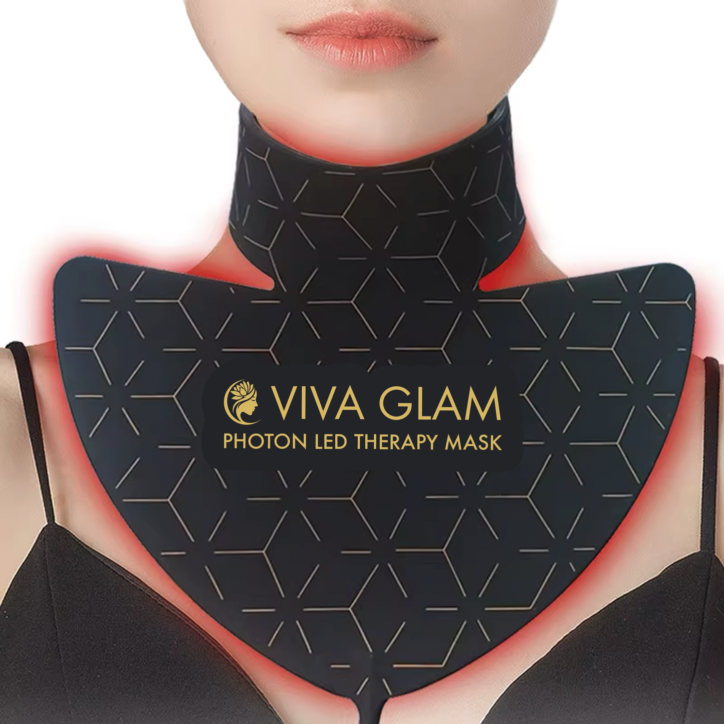 VIVA GLAM Photon LED Neck Therapy Mask on a woman's neck with visible branding.