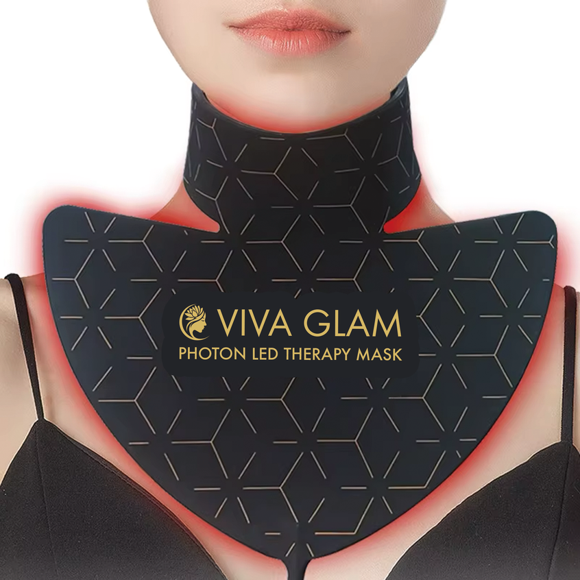 VIVA GLAM Photon LED Neck Therapy Mask on a woman's neck with visible branding.