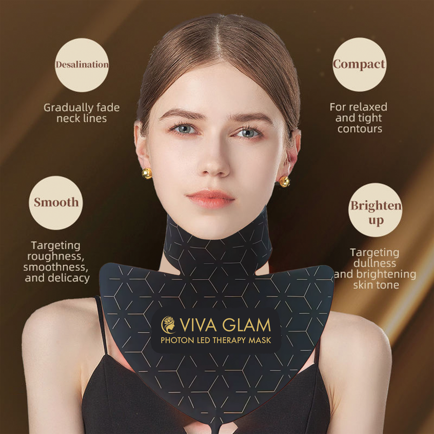 Woman wearing a VIVA GLAM photon LED Neck  therapy mask with features listed on a brown background