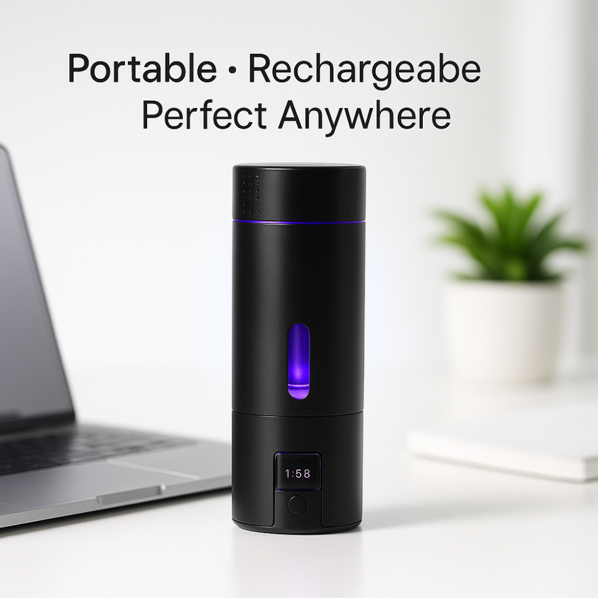 Black portable hydrogen water bottle with purple light indicator on a desk next to a laptop, with text 'Portable • Rechargeable • Perfect Anywhere'.