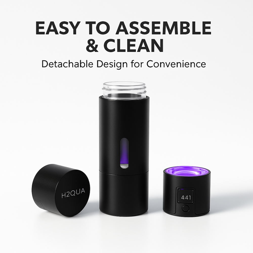 H2QUA hydrogen water bottle with detachable parts on a white background, featuring text about easy assembly and cleaning.