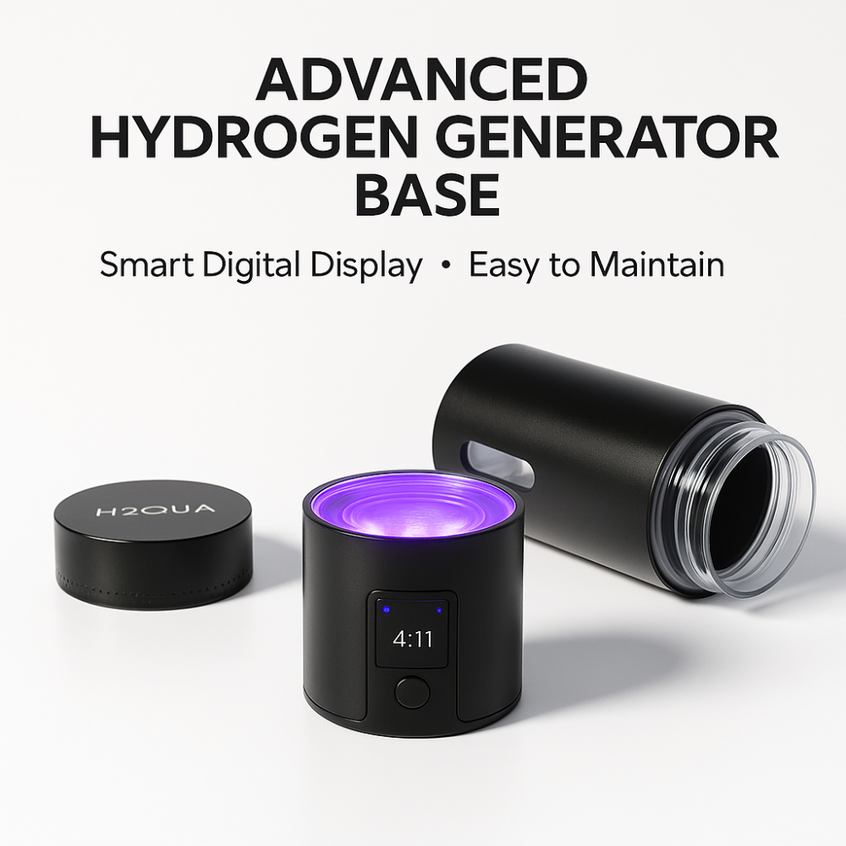 Advanced hydrogen generator base with digital display on a white background