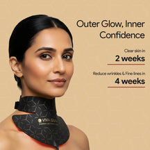 Woman wearing a VIVA GLAM neck therapy mask with text on a beige background