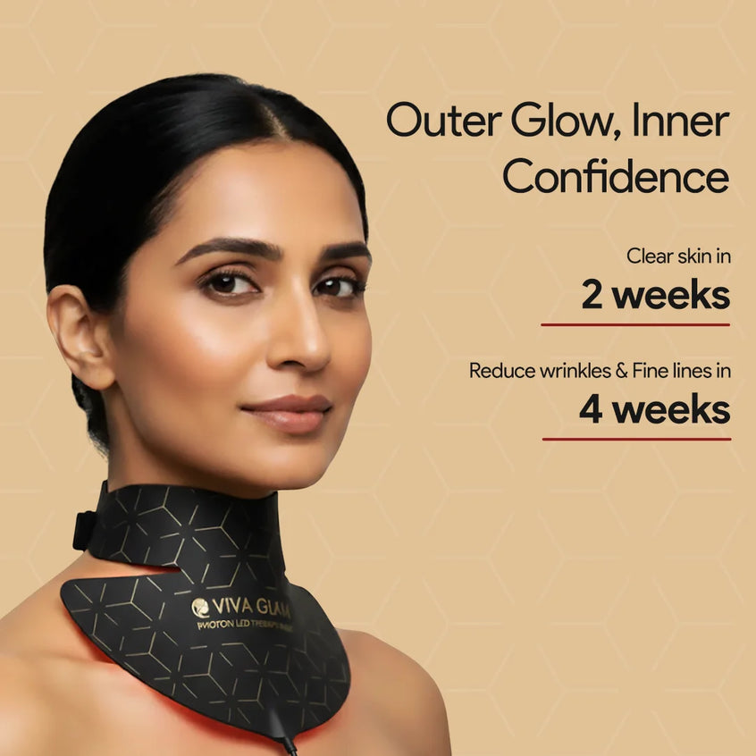 Woman wearing a VIVA GLAM neck therapy mask with text on a beige background