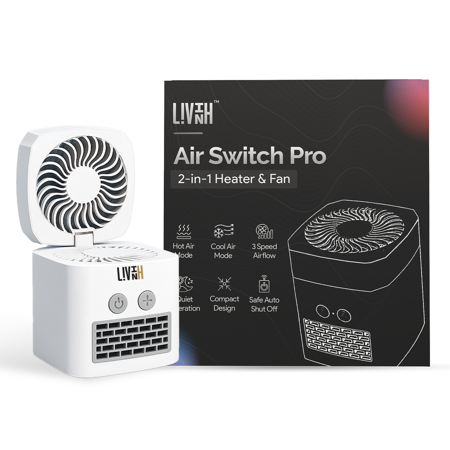 LivinH Air Switch Pro 2-in-1 heater and fan with packaging on a white background