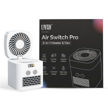 LivinH Air Switch Pro 2-in-1 heater and fan with packaging on a white background