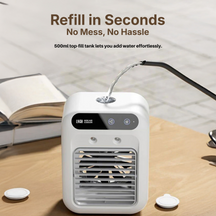 LivinH Mini Portable air cooler on a table with text about quick refilling.