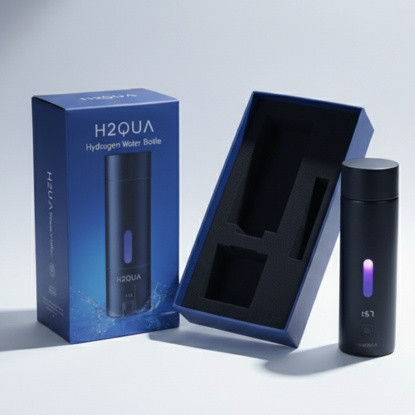 H2QUA hydrogen water bottle with packaging on a light gray background