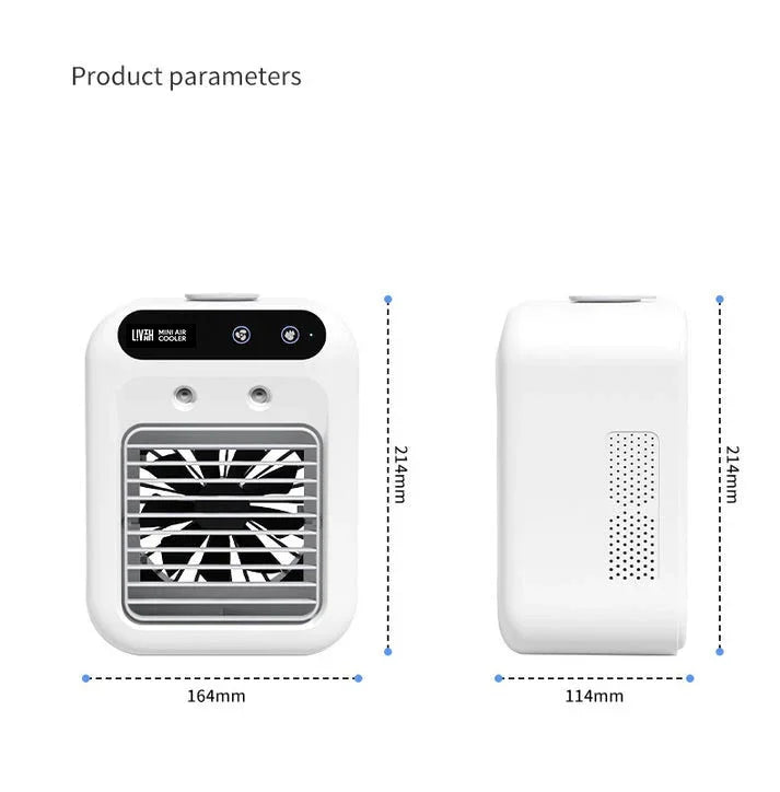 White portable mini air cooler with dimensions labeled on a white background
