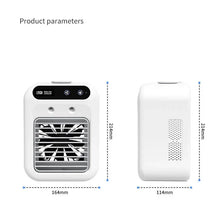 White portable mini air cooler with dimensions labeled on a white background