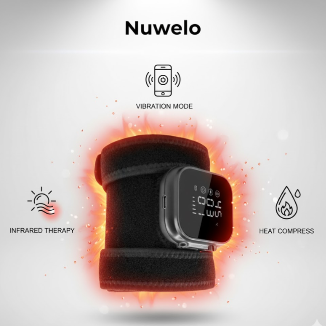 Nuwelo InfraHeat Vibration Patch with digital display, surrounded by icons for vibration mode, infrared therapy, and heat compress, on a white background with 'Nuwelo' branding.
