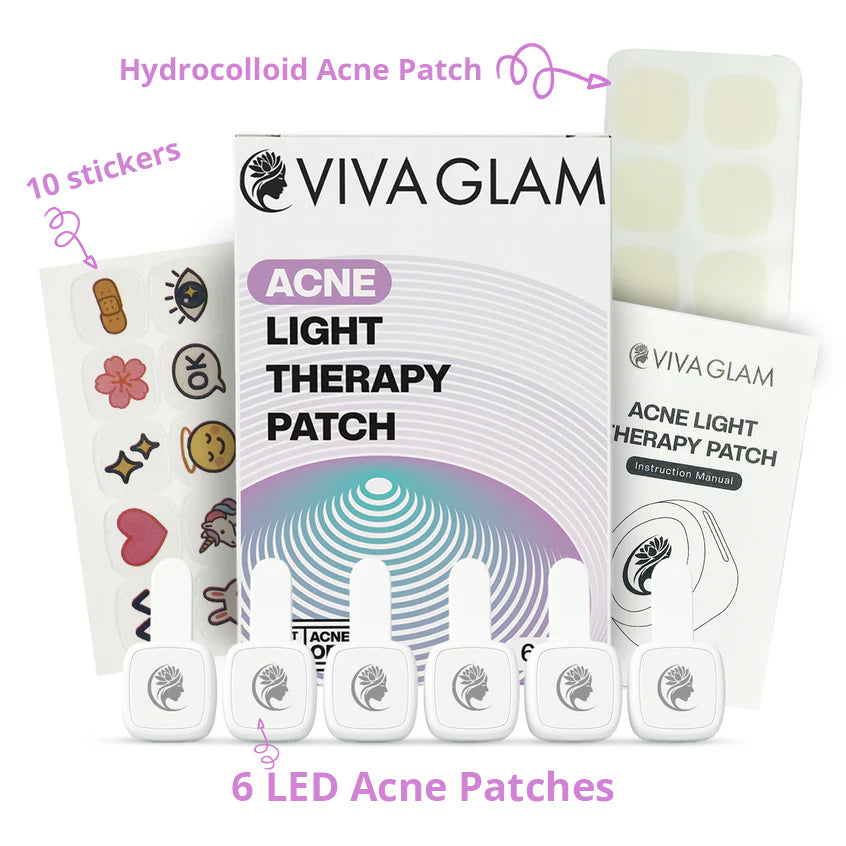 Viva Glam acne light therapy patch packaging with LED patches and stickers on a white background