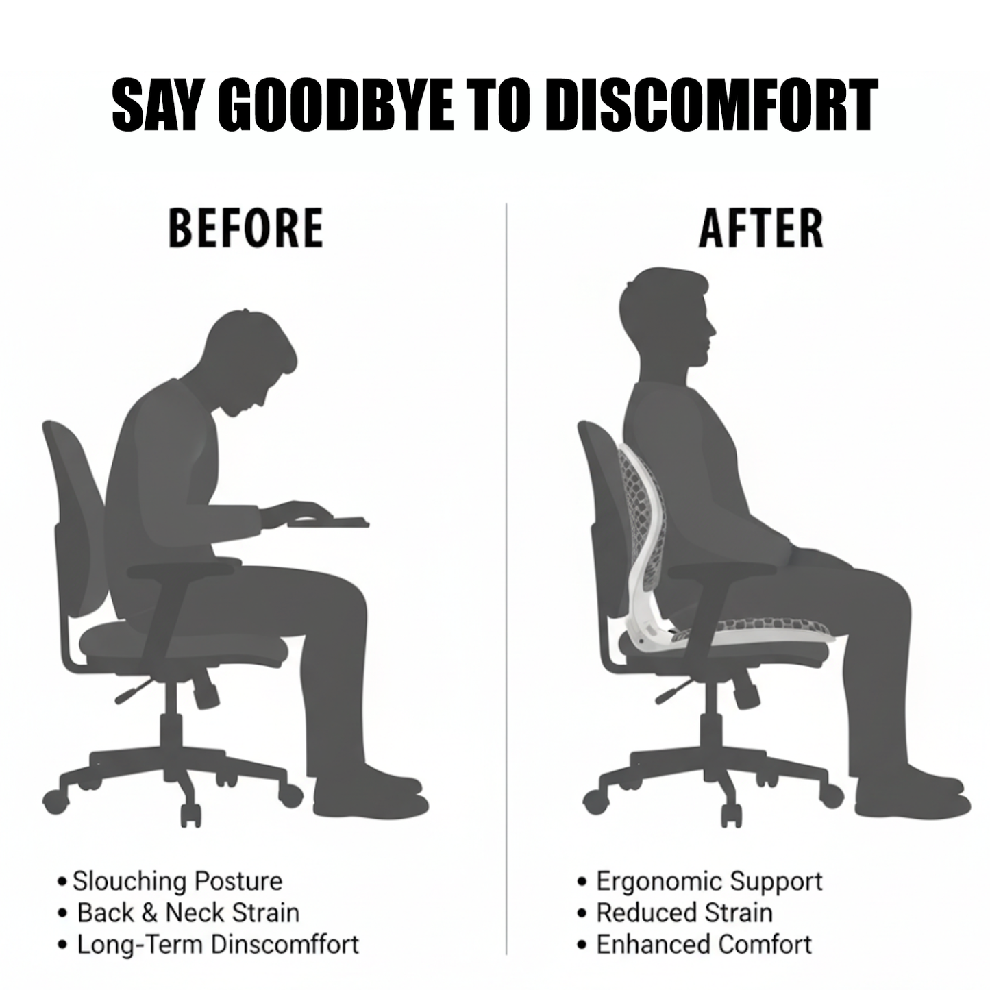 Comparison illustration showing a person sitting in a chair with poor posture and another sitting with ergonomic support using Nuwelo Posture Corrector, with text indicating discomfort relief.