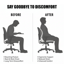 Comparison illustration showing a person sitting in a chair with poor posture and another sitting with ergonomic support using Nuwelo Posture Corrector, with text indicating discomfort relief.