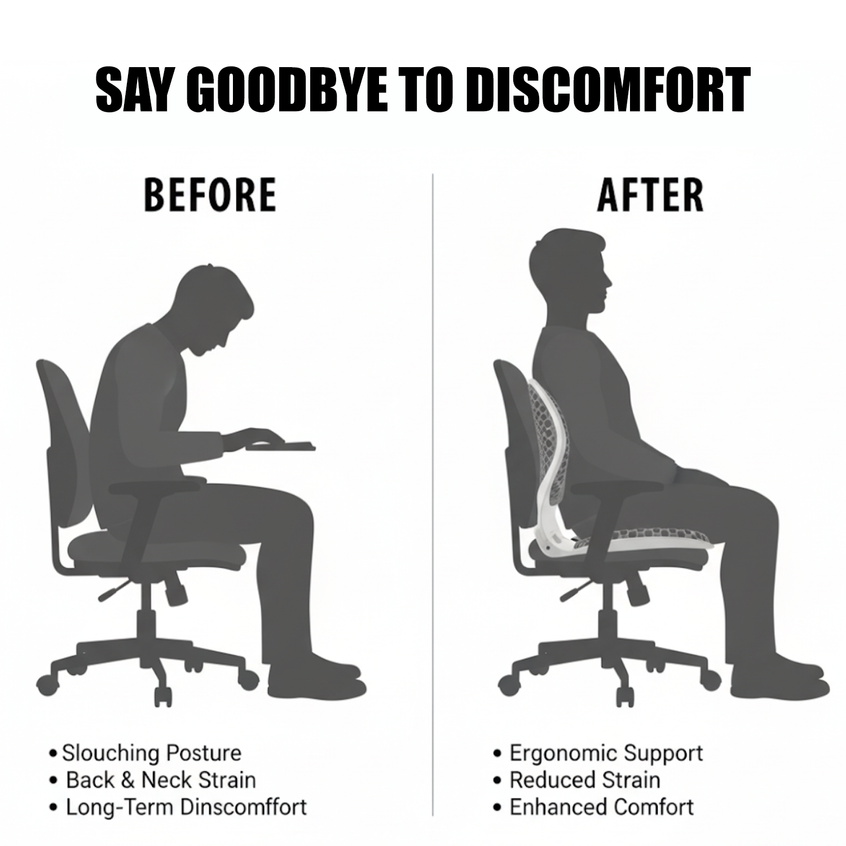 Comparison illustration showing a person sitting in a chair with poor posture and another sitting with ergonomic support using Nuwelo Posture Corrector, with text indicating discomfort relief.