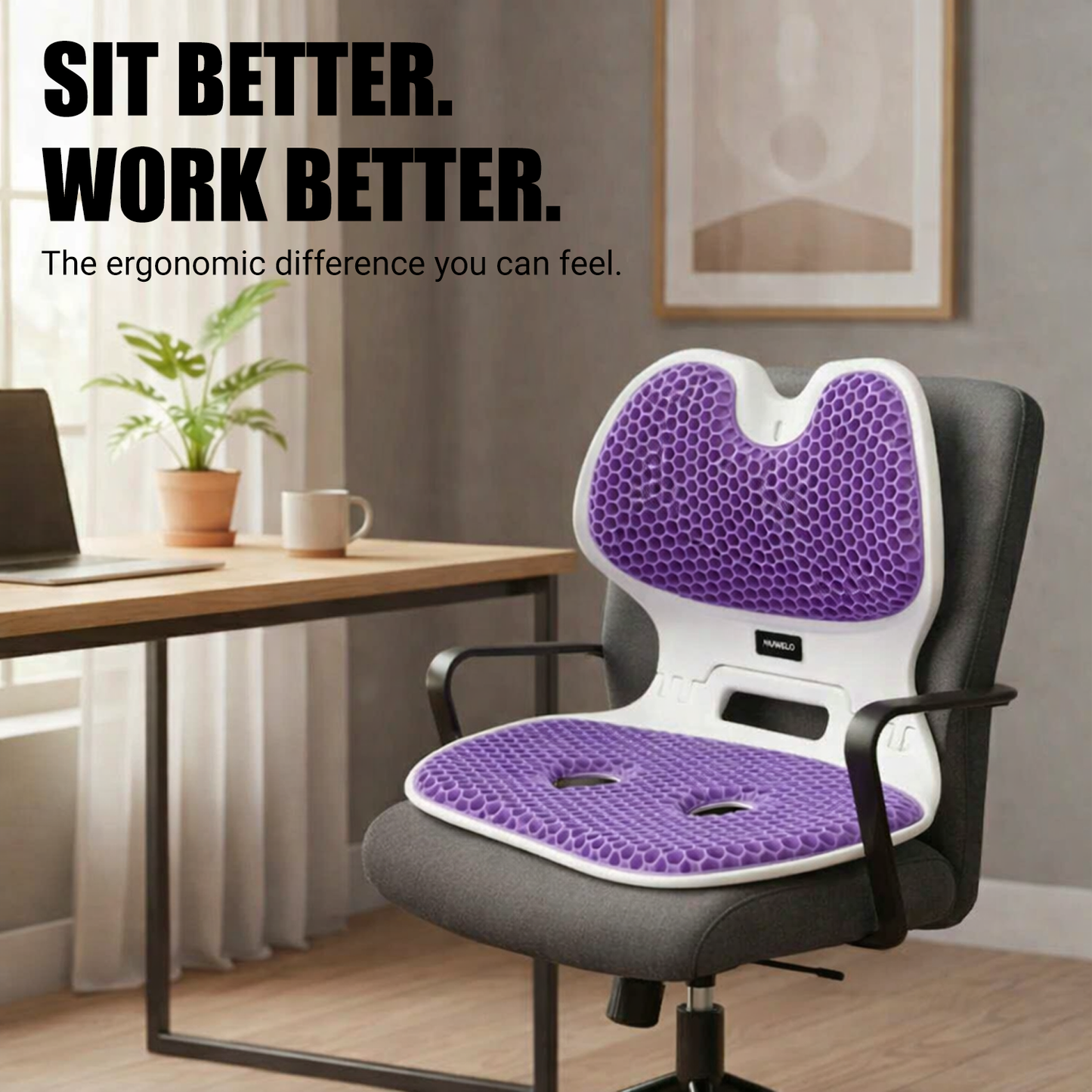 Nuwelo Purple Posture Max Pro placed on chair in a home office setting, featuring text 'Sit Better. Work Better.'