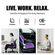 Nuwelo Posture Max Pro with Purple seat cushion with text 'Live. Work. Relax,' and images of its use in various settings.