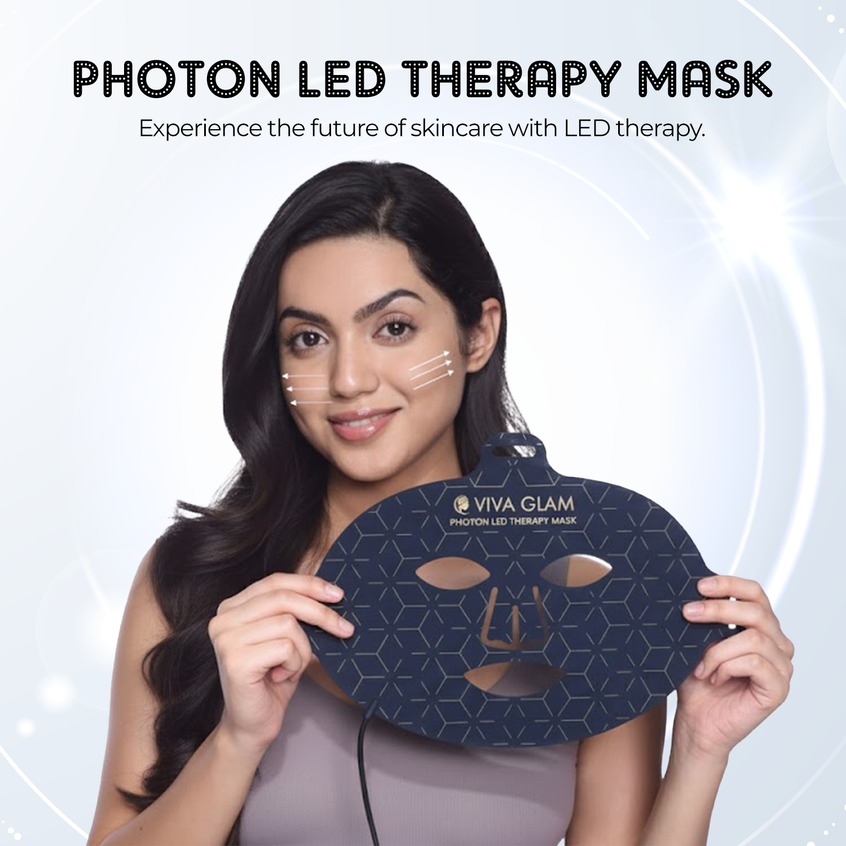 Woman holding a VIVA GLAM Photon LED Face Therapy Mask with text about LED therapy.