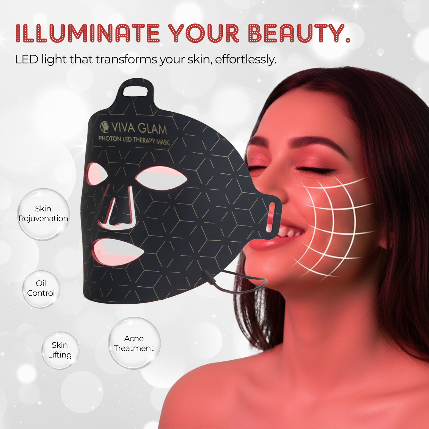 VIVA GLAM LED light face therapy mask with a woman's face and text about skin benefits on a white background.