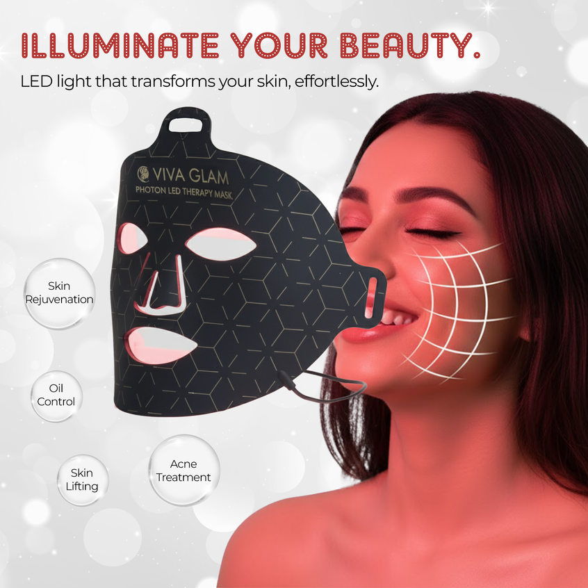VIVA GLAM LED light face therapy mask with a woman's face and text about skin benefits on a white background.