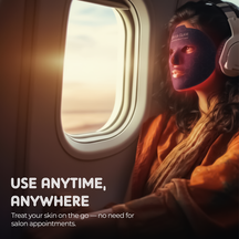 Person wearing a LED light face mask and headphones on an airplane with text promoting skincare product use.