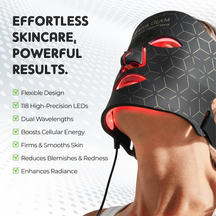 Viva Glam Photon LED Face Therapy Mask with glowing red lights on a person's face, featuring text about its benefits.