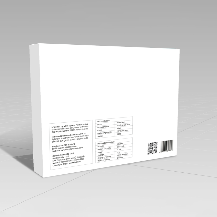 Viva Glam Photon LED light face therapy mask product packaging box with text and barcode on a gray background