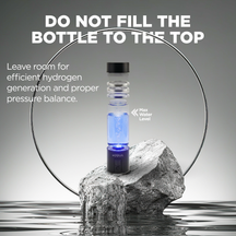 Hydrogen Water Bottle with water, text advising and providing instruction, not to fill the bottle to the top.