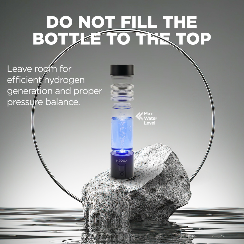 Hydrogen Water Bottle with water, text advising and providing instruction, not to fill the bottle to the top.