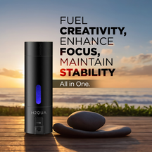 Black H2QUA hydrogen water bottle with text about enhancing focus and stability, set against a scenic background.