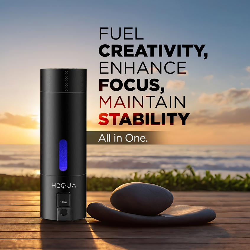Black H2QUA hydrogen water bottle with text about enhancing focus and stability, set against a scenic background.