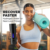 Woman holding a water bottle and yoga mat with text about hydrogen water benefits for fitness recovery.
