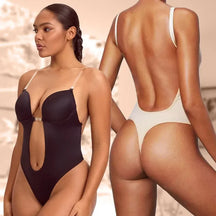 A woman wearing a black Skimmylo Backless Shapewear Bodysuit with a blurred reflection of her back.