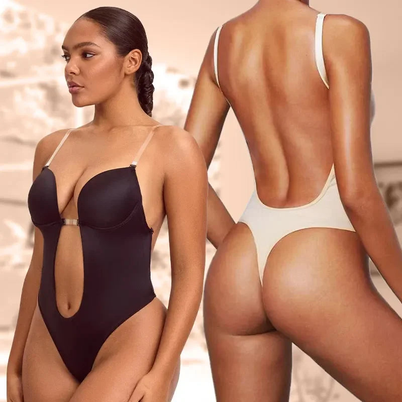 A woman wearing a black Skimmylo Backless Shapewear Bodysuit with a blurred reflection of her back.