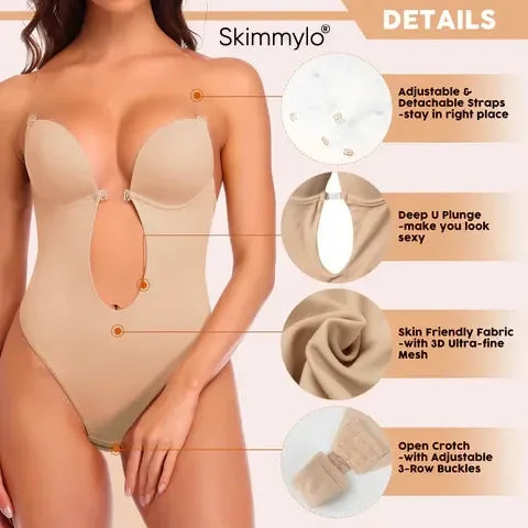Beige Skimmylo Backless Shapewear Bodysuit with features highlighted on a beige background, featuring the brand 'Skimmylo'.