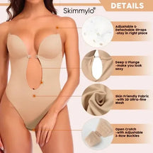 Beige Skimmylo Backless Shapewear Bodysuit with features highlighted on a beige background, featuring the brand 'Skimmylo'.