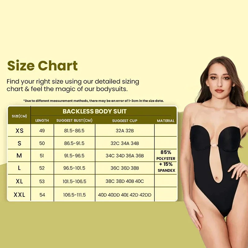 Size chart for Skimmylo Backless Shapewear Bodysuit with a model wearing one on a beige background