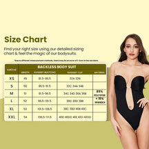 Size chart for Skimmylo Backless Shapewear Bodysuit with a model wearing one on a beige background