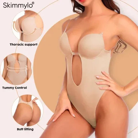 Woman wearing a beige Skimmylo Backless Shapewear Bodysuit with close-up insets showing features like thoracic support, tummy control, and butt lifting.