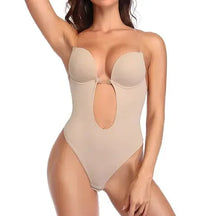 Skimmylo Backless Shapewear bodysuit in Beige color with cutout design on a white background