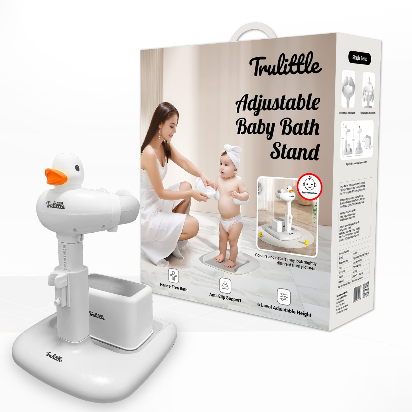 Trulittle adjustable baby bath stand with packaging on a white background